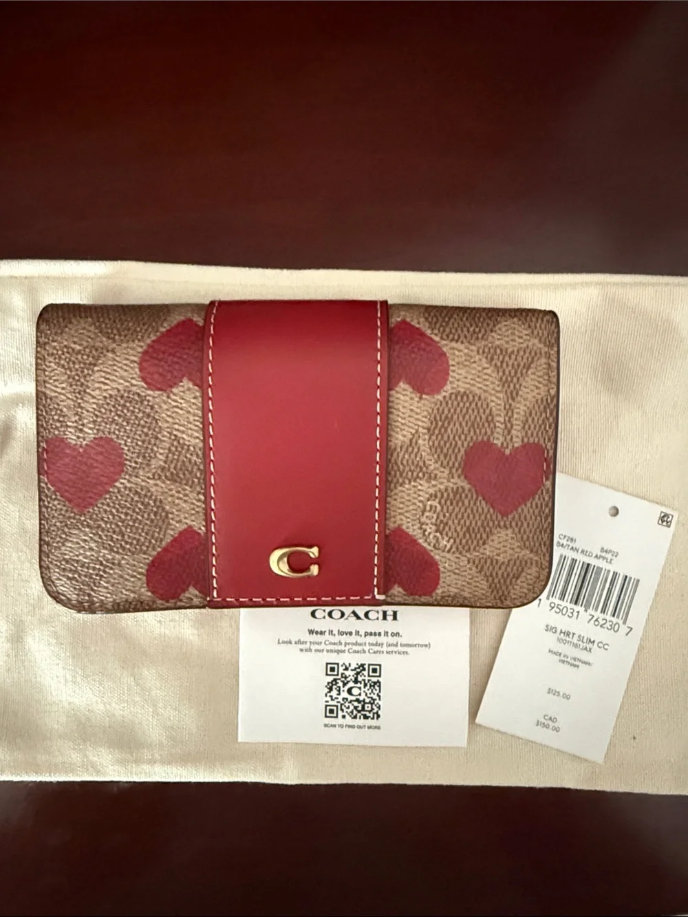 Coach Brown Signature Canvas Wallet with Red Heart Accents - Picture 1 of 4